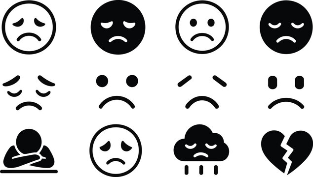 Sadness Depression Emotion Icons. Negative Mood and Broken Heart Symbols.