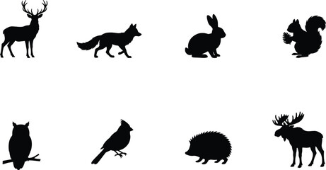 Naklejka premium Forest Wildlife Animal Silhouette Vector Set Featuring Deer Fox Rabbit Squirrel Owl Cardinal Hedgehog and Moose Isolated Collection