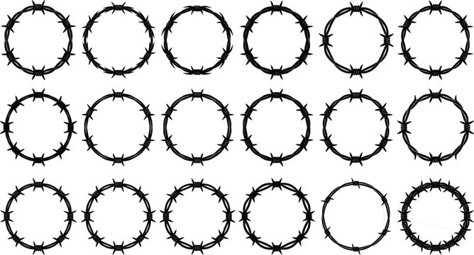 Black barbed wire circle frame and border vector illustration set, crown of thorns and prison fence silhouette elements isolated collection