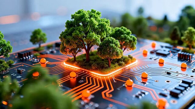 trees on a glowing circuit board