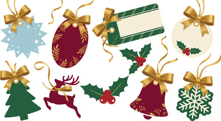Christmas gift tags with gold ribbons vector illustration set, festive holiday blank labels and winter reindeer snowflake bell elements collection isolated © Sagor