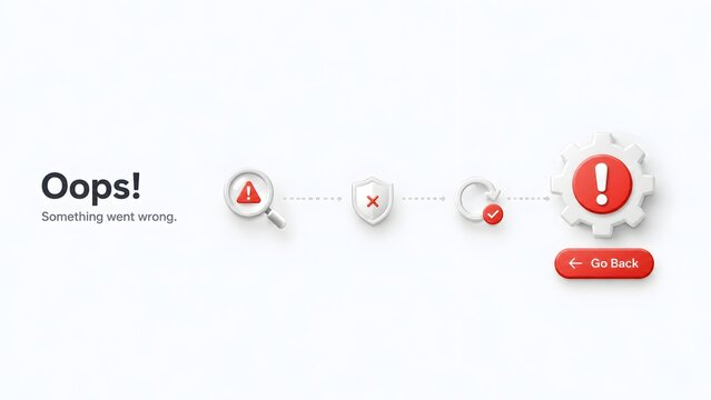 Oops something went wrong 3D concept with error gear, warning signs, and go back button for UI design