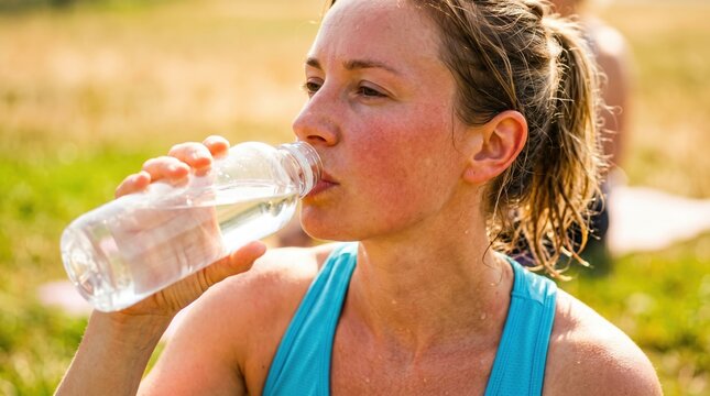 Sweaty woman drinking water from bottle after outdoor workout. Flushed female athlete hydrating and suffering from extreme summer heat