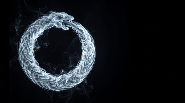 Artistic ethereal Ouroboros symbol formed from white smoke on black background