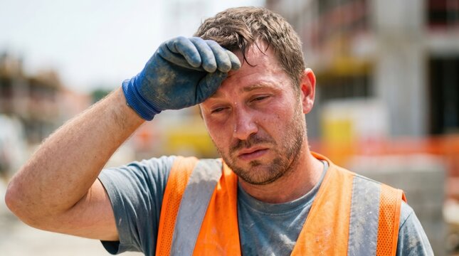 Exhausted construction worker wiping sweat from forehead at outdoor site. Tired manual laborer suffering from extreme heat stress