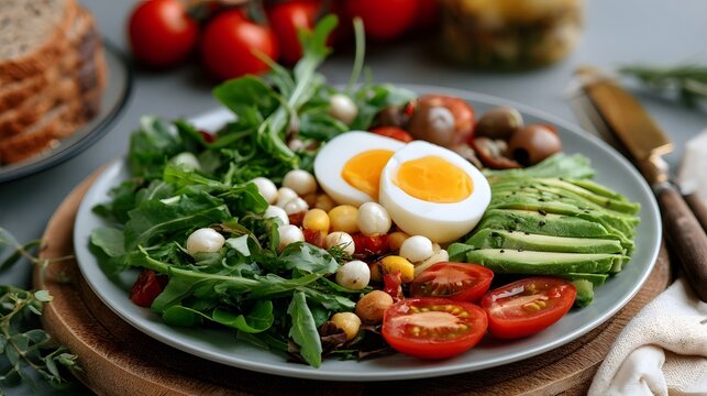 A beautifully arranged and colorful protein plate emphasizing healthy ingredients for a nutritious balanced meal