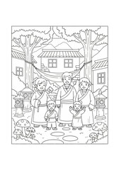Obraz premium Traditional Japanese Family Celebration Line Art Illustration.