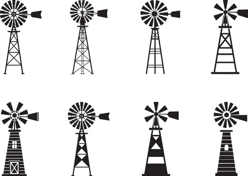 Minimalist Windmill Silhouette Set with Farm Towers, Wind Pumps and Rural Landscape Icons