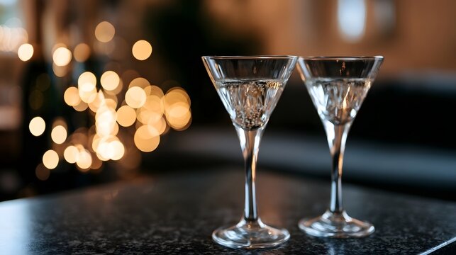 Two elegant martini glasses filled with clear liquid sit on dark surface against warm bokeh lights background