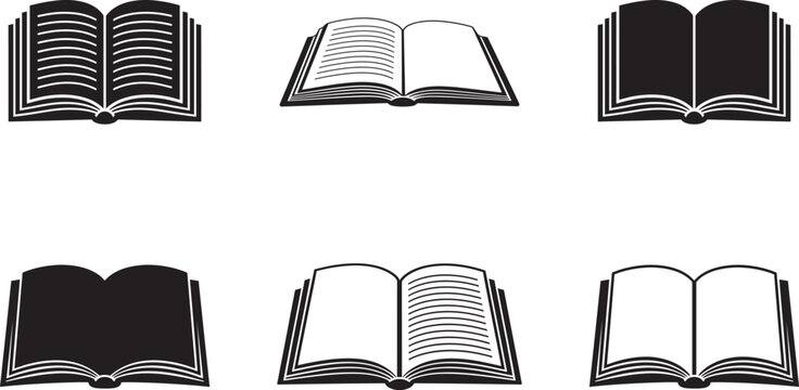 Minimalist Open Book Silhouette Set with Blank Pages, Reading Lines and Education Icons