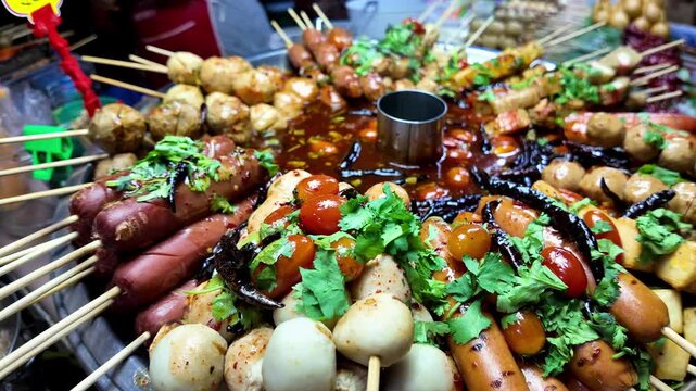 Close up view of assorted Thai street food skewers with sausages, fish balls, mushrooms, tofu, cherry tomatoes and herbs simmering in flavorful spicy sauce at a vibrant night market in Thailand. Authe