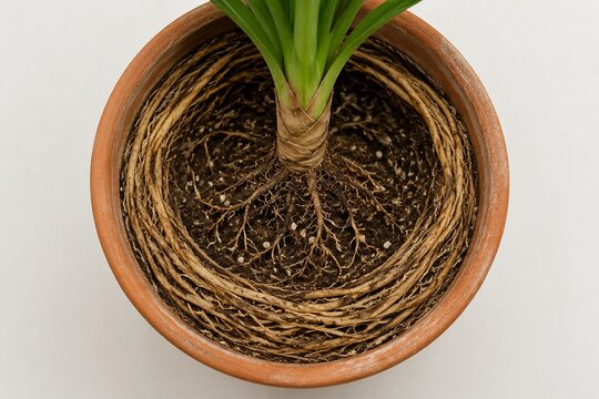 A root-bound plant in a terracotta pot, roots circling inside, top-down view.