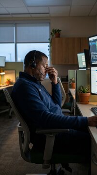 Tired dispatcher working at computer in emergency office. Concept of workplace stress, night shift support, emergency dispatch and operator burnout.