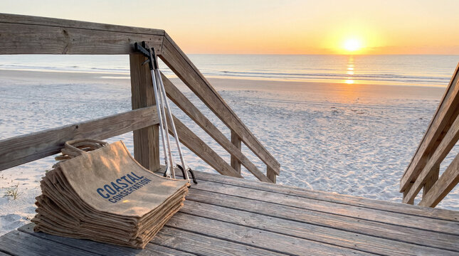 Volunteer cleaning kit for beach cleanup on wooden boardwalk at sunrise. Burlap bag and trash picker tool for environmental protection. Ocean conservation and nature preservation concept.