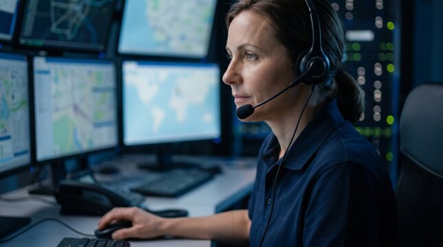 Female dispatcher wearing headset in emergency control center. Concept of emergency communication, dispatch service, public safety and customer support.