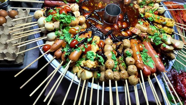 Close up of assorted Thai street food skewers including sausages, fish balls, mushrooms, tofu, cherry tomatoes and vegetables simmering in a rich spicy sauce at a bustling night market. Authentic Asia