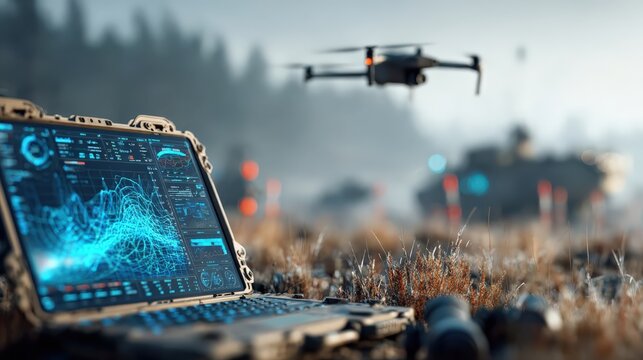A tactical drone surveys a rugged landscape from above, its data stream visualized on a rugged laptop screen in the foreground. ..Created with Generative AI, not depicting real subjects.