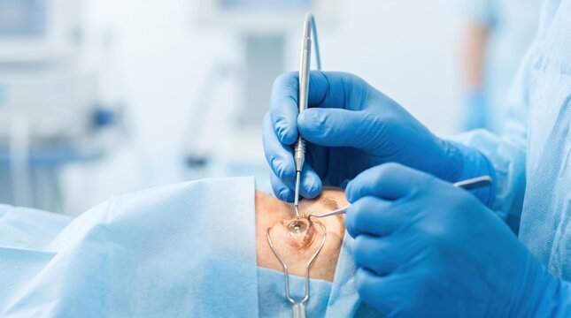 Close up of surgeon hands performing cataract surgery. Ophthalmic doctor operating on patient eye with micro instruments. Professional medical treatment concept