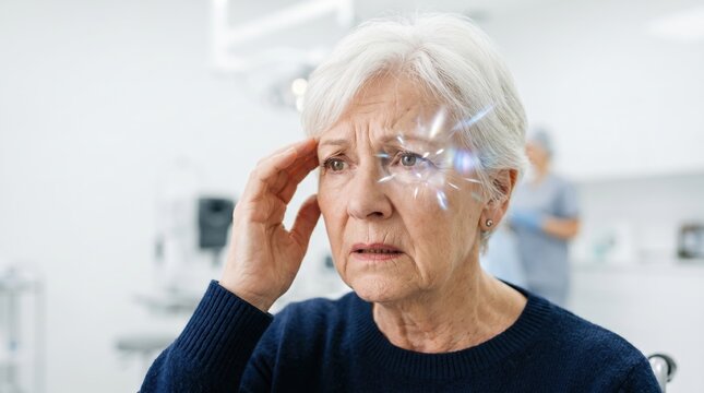 Senior woman experiencing flashing lights visual symptom. Elderly female with eye pain or retinal warning signs in a clinic. Migraine aura and ophthalmology concept