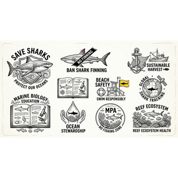 Vintage Marine Conservation Vector Badge Set with Save Sharks, Shark Finning Ban, Marine Biology, Beach Safety, Ocean Stewardship and Reef Ecosystem