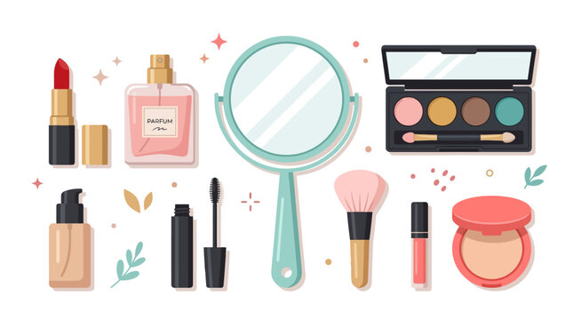 Various makeup products are arranged on a table with a mirror.