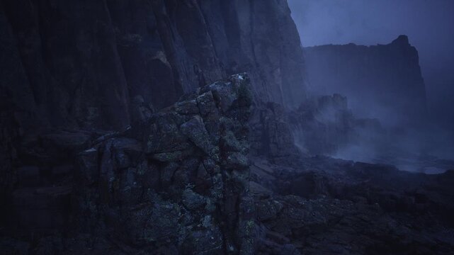 Large volcanic cliff illuminated under mysterious moon glow. Eminent basalt precipice bathed in moonlight with deep cracks and eerie shadows