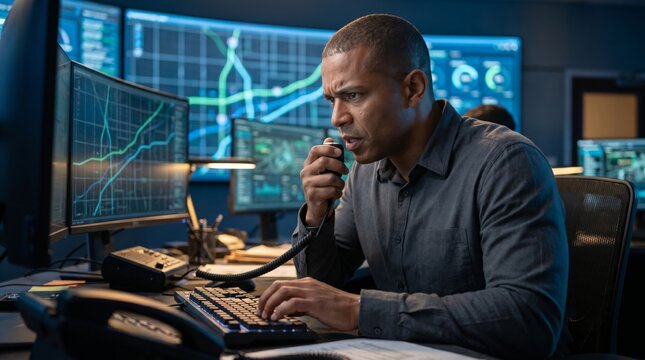 Dispatcher speaking on radio while monitoring city maps in control room. Concept of emergency response, public safety, dispatch operations, rapid communication and crisis coordination.