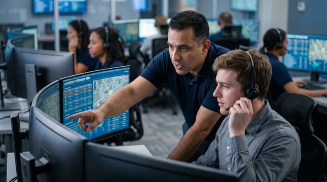Supervisor guiding headset operator in emergency response center. Concept of dispatcher training, teamwork, public safety, operational support and crisis communication.