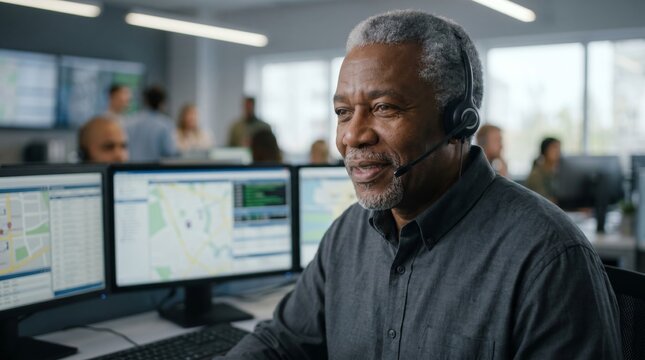 Smiling senior dispatcher wearing headset in emergency control center. Concept of public safety service, dispatch support, call center work and crisis coordination.