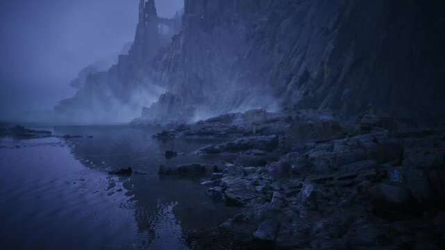 volcanic coastline in blue haze at night, jagged basalt ridges and black rock shelves, low tide pools and stark silhouettes, brooding atmosphere and textured