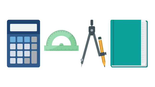 vector flat illustration of four math school supplies calculator protractor compass and notebook