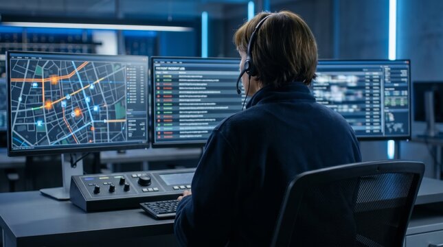 Dispatcher monitoring emergency map screens in control room. Concept of dispatch center, public safety, incident tracking and emergency response operations.