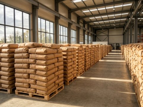 Warehouse with large piles of paper sacks stacked on wooden pallets. Storage facility with goods for industrial logistics. Distribution center and wholesale supply chain management concept.