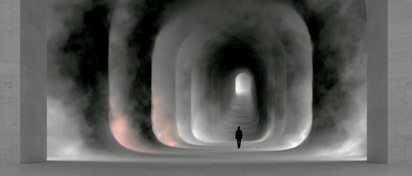 Endless cathedral carved from living darkness, impossible gothic architecture vanishing into infinite black void, colossal obsidian smoke pillars, towering arches dissolving into darkness