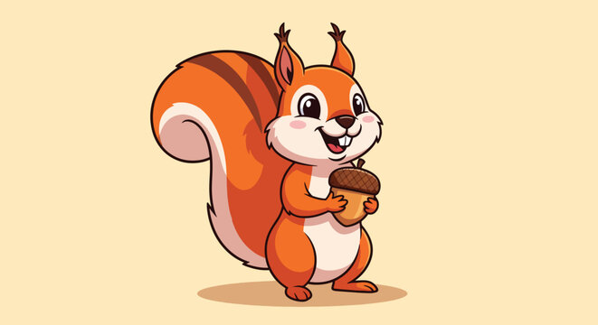 Cute cartoon squirrel character holding a small acorn nut mascot illustration isolated on plain background.
