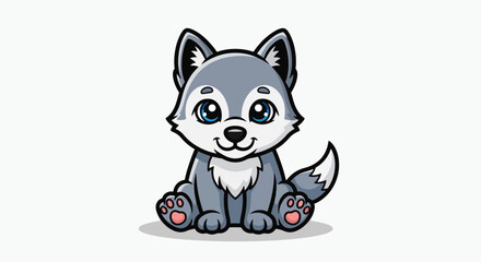Cute cartoon wolf pup sitting on white background.