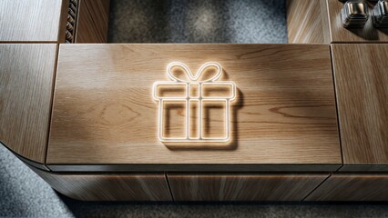 Fototapeta premium Glowing Neon Gift Box Icon Embedded on a Polished Wooden Surface in a Modern Minimalist Setting