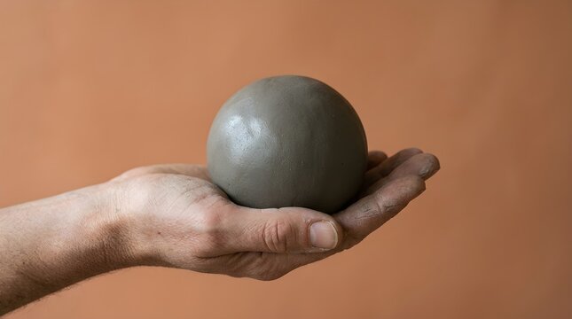Close up view of a sculptor open palm holding a smooth round ball of raw grey wet pottery clay against a terracotta background.