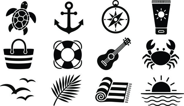 Tropical Summer Beach Vacation Marine Travel Icons Collection