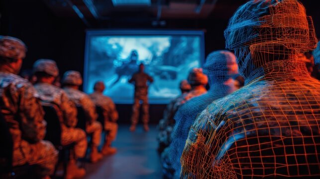 Soldiers in a dimly lit room gather to watch a cinematic display on a large screen, their backs turned to the viewer. ..Created with Generative AI, not depicting real subjects.