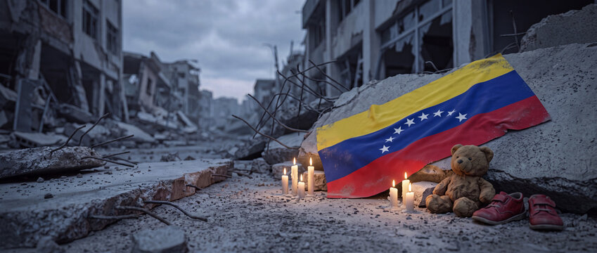 Venezuela flag, powerful earthquake aftermath amid collapsed concrete buildings and debris