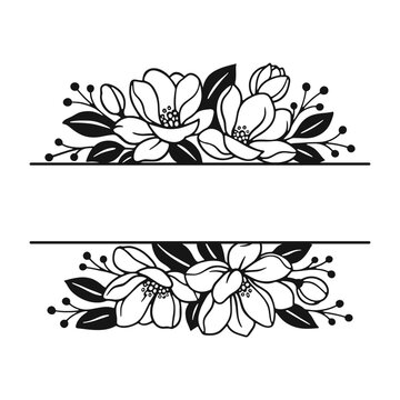 Floral magnolia frame with blank banner, decorative botanical border, black and white vector illustration isolated