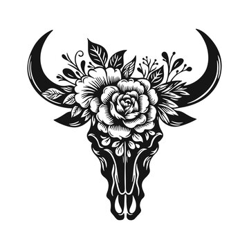 Floral bull skull with blooming flower, decorative western symbol, black and white vector illustration isolated