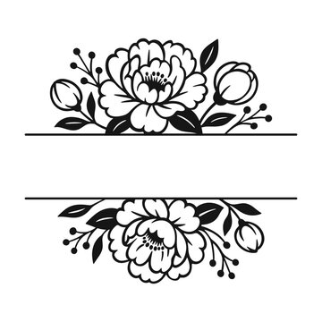 Floral peony frame with blank banner, decorative botanical border, black and white vector illustration isolated