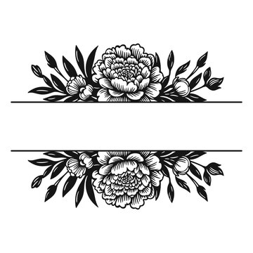 Floral peony frame with blank banner, decorative botanical border, black and white vector illustration isolated