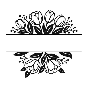 Floral tulip frame with blank banner, decorative botanical border, black and white vector illustration isolated