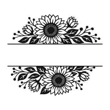 Floral sunflower frame with blank banner, decorative botanical border, black and white vector illustration isolated