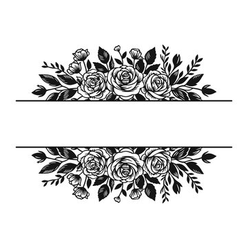 Floral rose frame with blank banner, decorative botanical border, black and white vector illustration isolated
