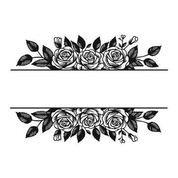 Floral rose frame with blank banner, decorative botanical border, black and white vector illustration isolated