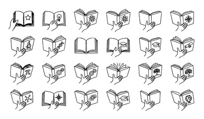 Fototapeta premium Single Line Open Book in Hand Vector Collection Minimal Reading Education Set